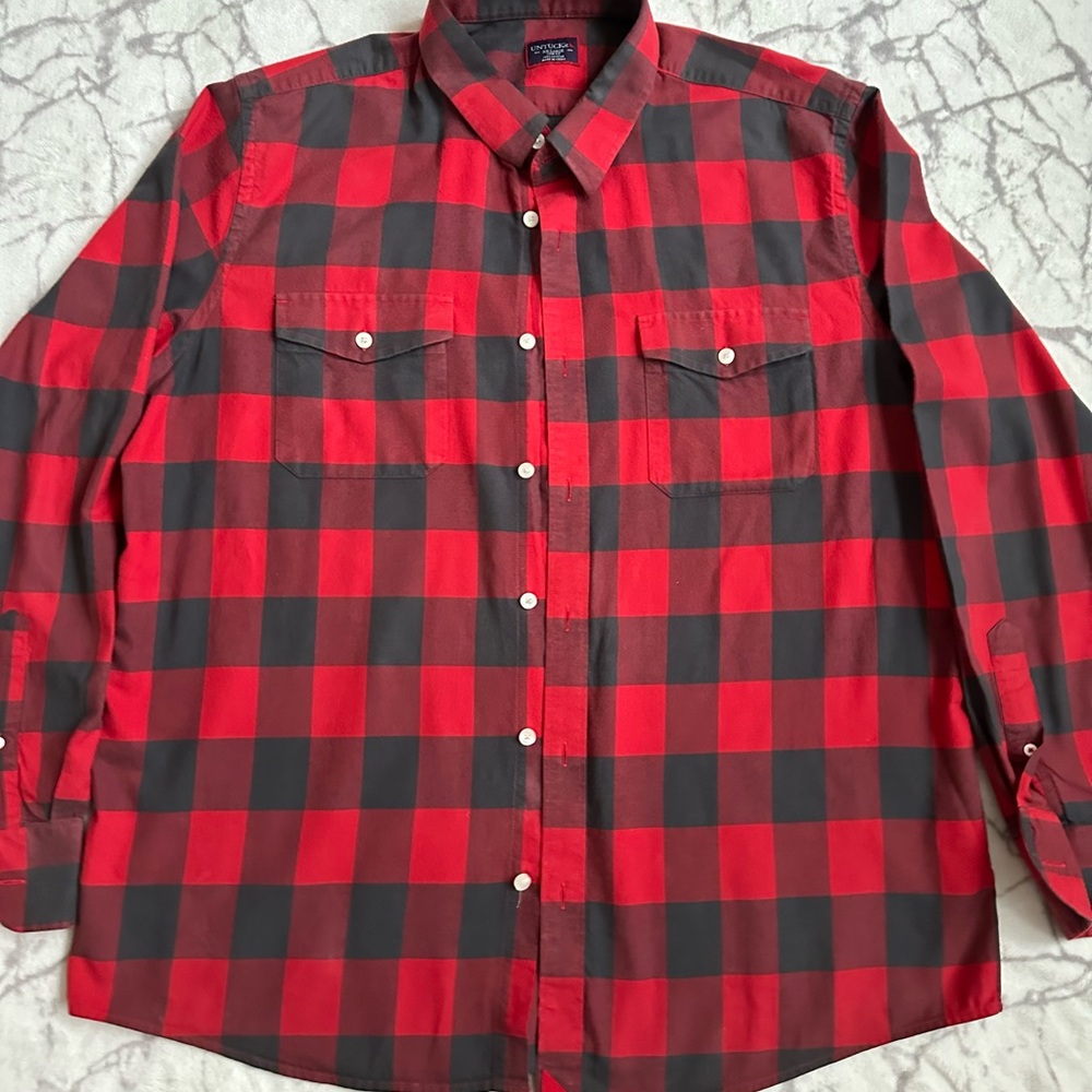 UNTUCKit Barrelstone Men XXL Flannel Shirt Burgundy Black Plaid Cotton, Soft
